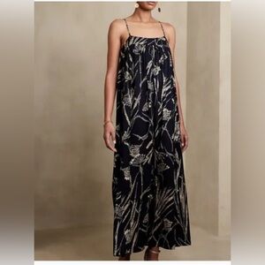 Banana Republic Trapeze Preppy Navy Strappy Summer Vacation Maxi Dress 14 Silky